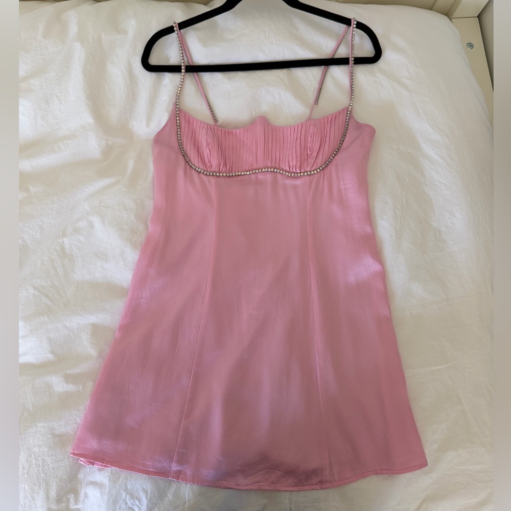 For Love And Lemons Pink Satin Slip with Rhinestone Trim